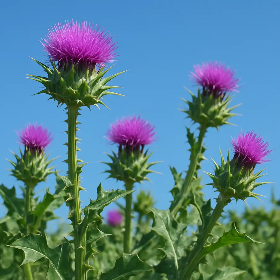Milk thistle plants in bloom under a blue sky, showing their vibrant flowers. Milk Thistle Weight Loss Natural