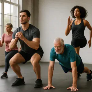 Diverse group participating in endurance-building bodyweight exercises in a gym.