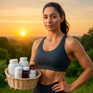 A woman confidently holding supplements with a sunrise backdrop. Best Supplements for Weight Loss Female