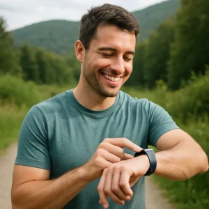 Person wearing a fitness tracker outdoors, symbolizing progress and enjoyment in fitness journey
