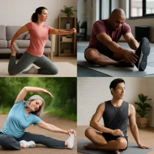 Collage of people stretching in different locations, emphasizing flexibility.
