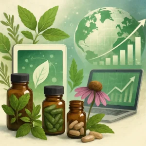 Collage of herbs, tech devices, and global market symbols for herbal supplements.