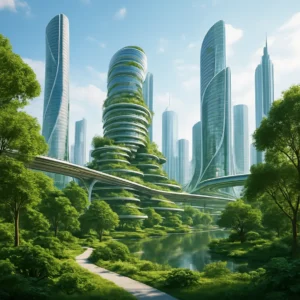 A futuristic city with greenery symbolizing nature and technological advancement. anti aging supplement-innovations 2025