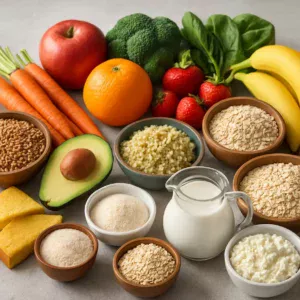 A table filled with a variety of gluten-free foods including fruits and vegetables.