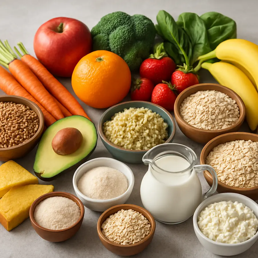 A table filled with a variety of gluten-free foods including fruits and vegetables.