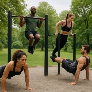 Diverse individuals performing calisthenics exercises for upper body strength in an outdoor setting.