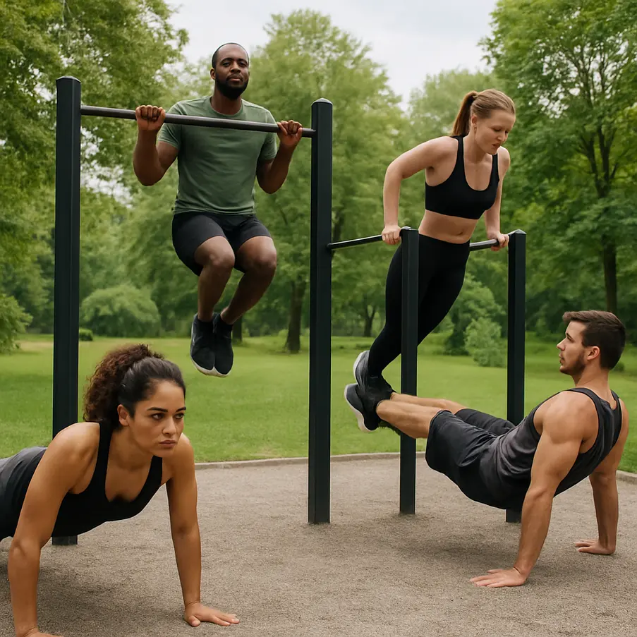 Diverse individuals performing calisthenics exercises for upper body strength in an outdoor setting.