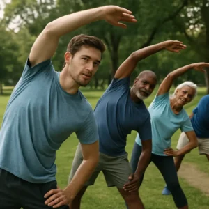 Diverse group of people enjoying a stretching routine in an outdoor park setting. Best Stretches for Improved Flexibility