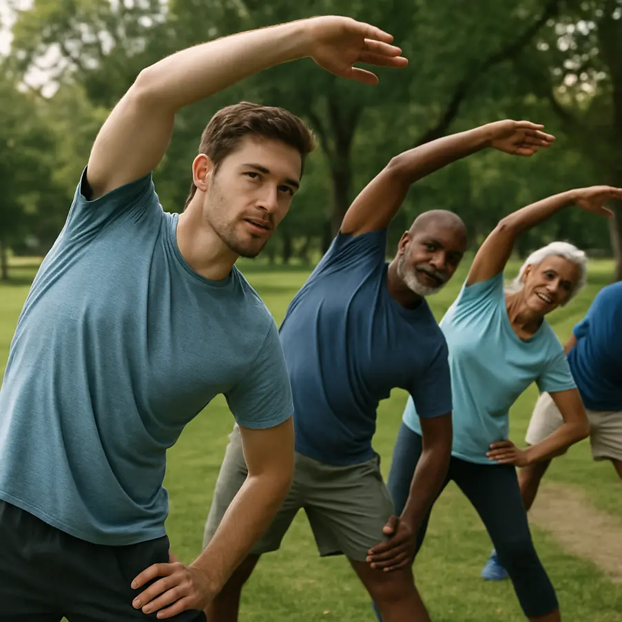 Diverse group of people enjoying a stretching routine in an outdoor park setting. Best Stretches for Improved Flexibility