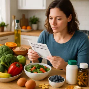 An individual engaging with nutritious foods and supplements in a vibrant kitchen scene.