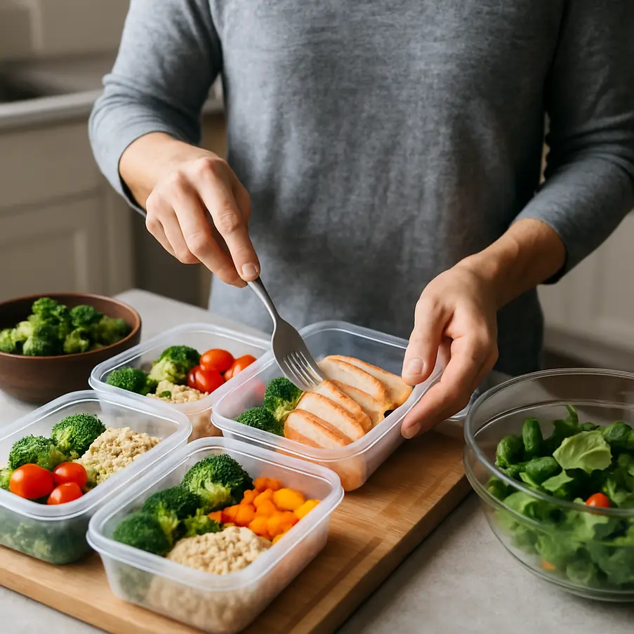 Person prepping and filling meal containers with fresh, colorful meals.