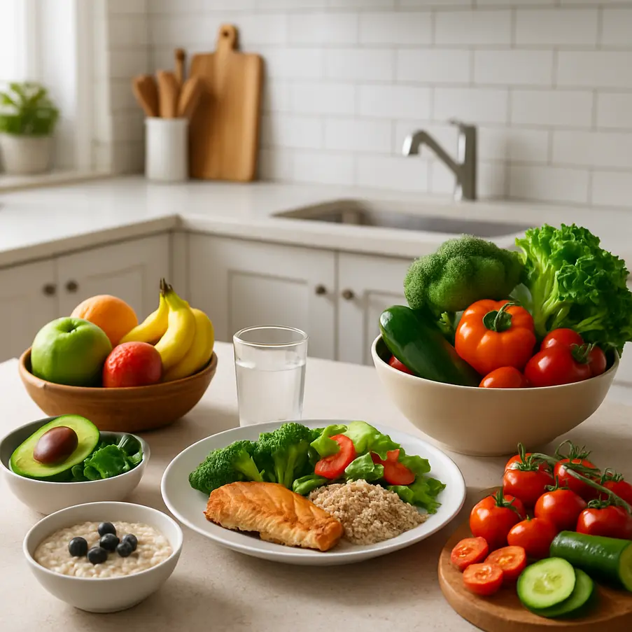 A kitchen countertop filled with a colorful assortment of fresh, healthy foods. Healthy Eating Habits
