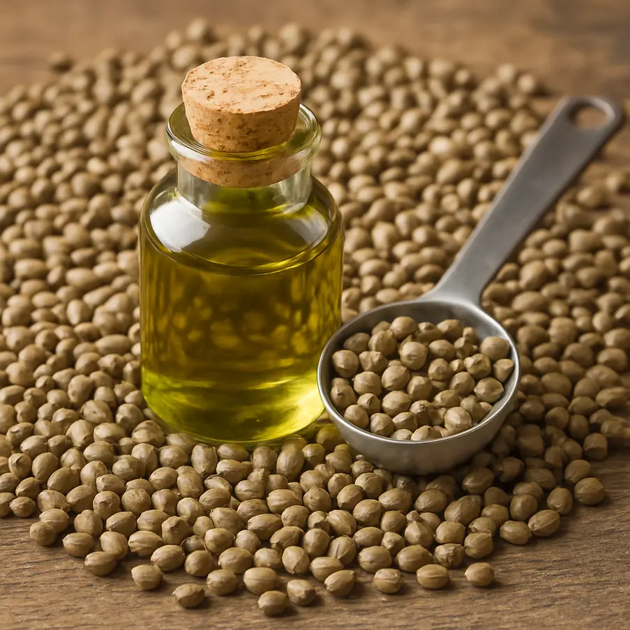 Small bottle of hemp seed oil surrounded by hemp seeds and a measuring spoon, showcasing its use. Hemp Seed Oil for Weight Loss