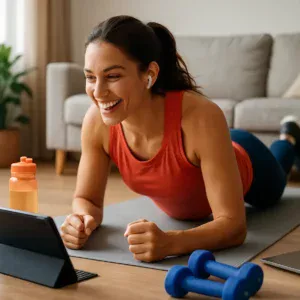 Person exercising at home with a tablet displaying a workout app