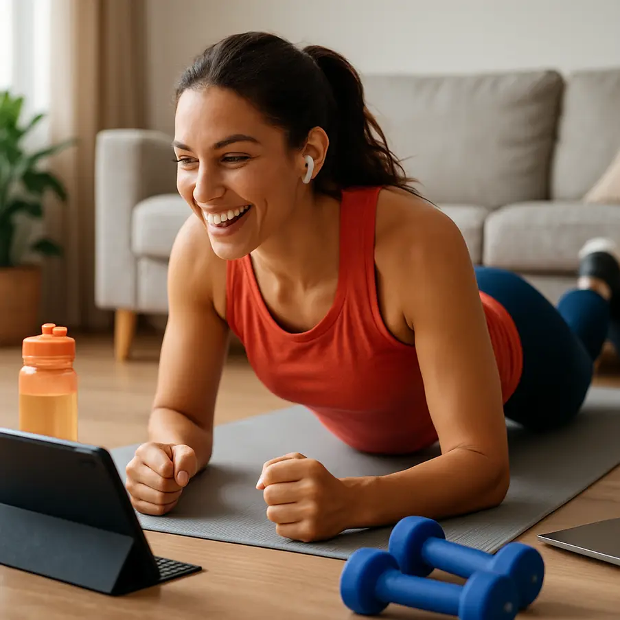 Person exercising at home with a tablet displaying a workout app