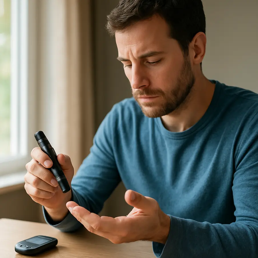 Person focused on checking blood sugar levels at home with serene lighting.