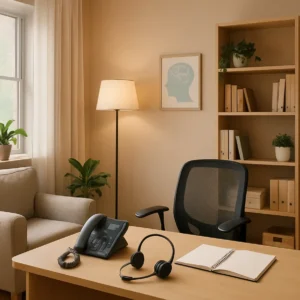A comforting hotline office setting representing local mental health support services.