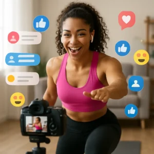 A digital fitness class led by an influencer, with a highly engaged community interacting through comments. fitness social media influencer impact