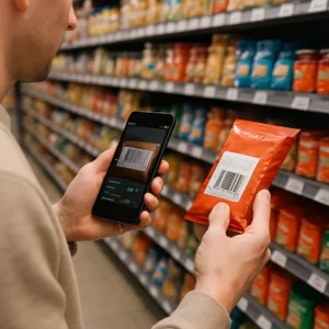 Person using a smartphone to scan a food barcode in a grocery store with packed shelves.