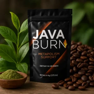 Java Burn supplement box set against a backdrop of its ingredients including green tea leaves and coffee beans.