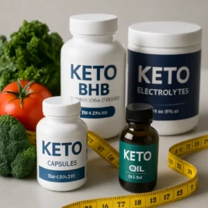 Collage of keto supplement products with a tape measure and fresh vegetables. Best Keto Supplements 2025