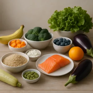 Table display with an assortment of colorful low FODMAP foods conveying relaxation and comfort.