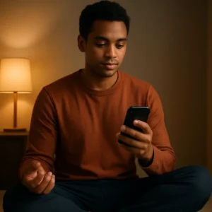 Person engaged in meditation with a smartphone for guidance.