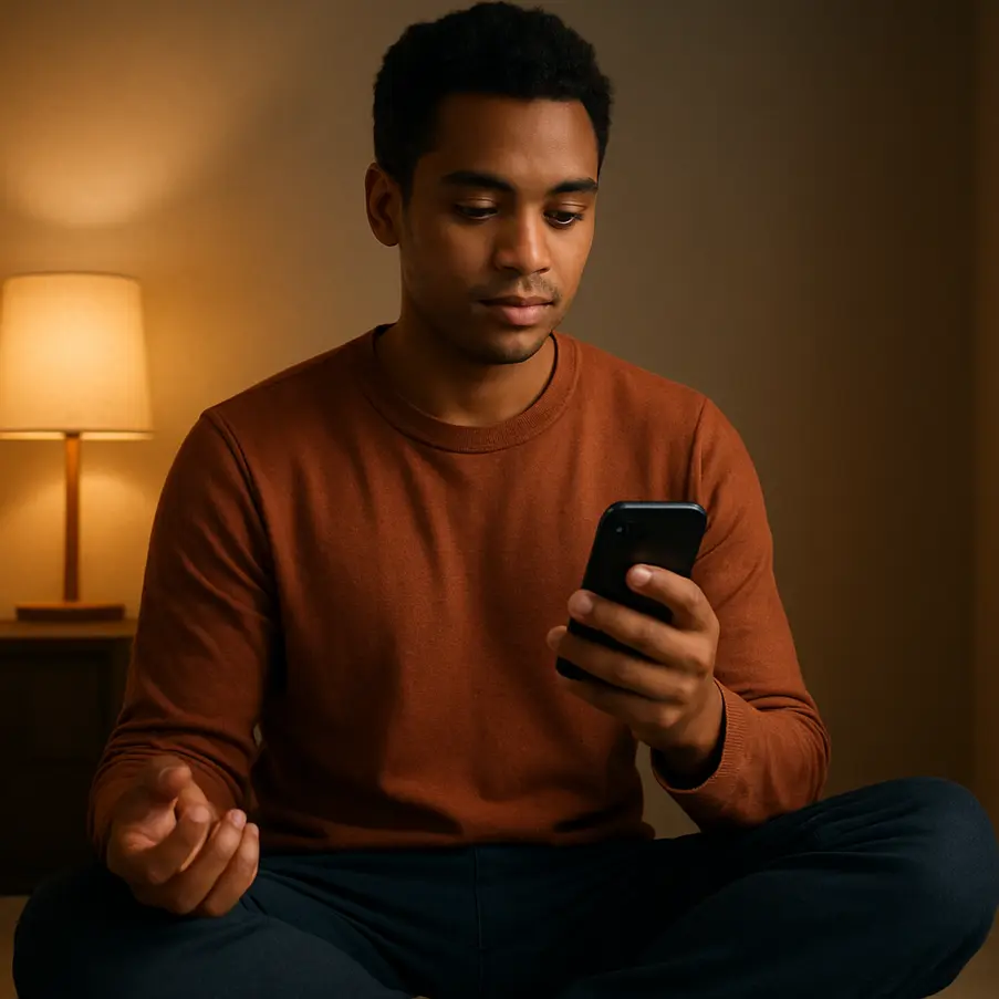 Person engaged in meditation with a smartphone for guidance.