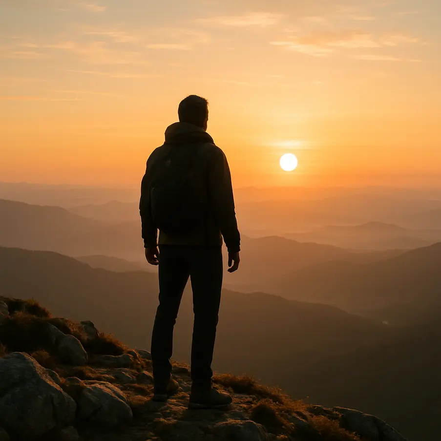 A person on a mountain peak at sunrise, symbolizing mental wellness through outdoor activities.