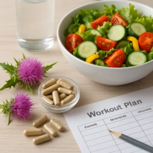 Healthy lifestyle scene with Milk Thistle capsules, a salad, and a workout plan. Milk Thistle Weight Loss