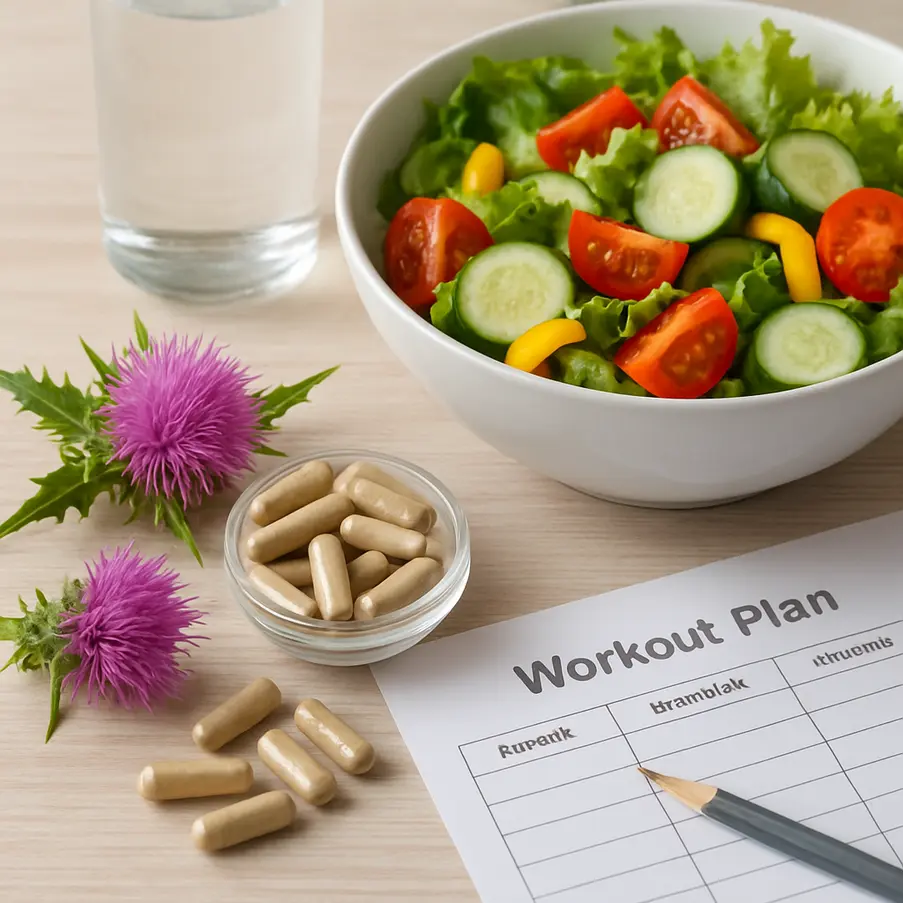 Healthy lifestyle scene with Milk Thistle capsules, a salad, and a workout plan. Milk Thistle Weight Loss