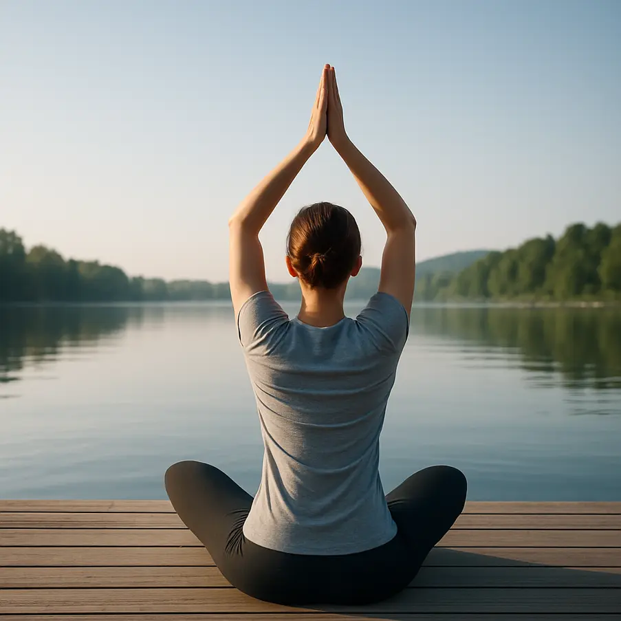 A person doing yoga on a dock by a lake during sunrise.