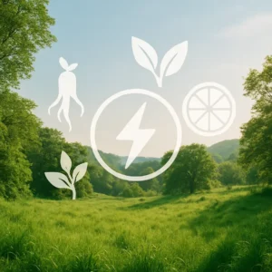 A green landscape with natural ingredient and energy icons symbolizing the market for natural energy boosters. Natural Energy Booster