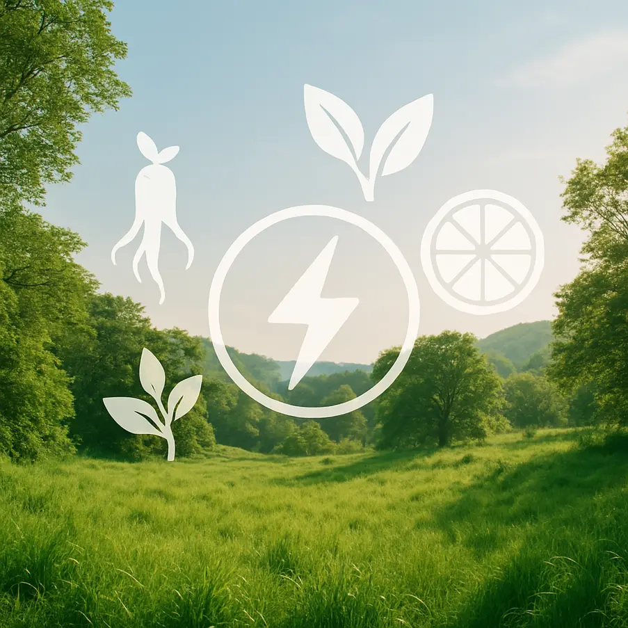A green landscape with natural ingredient and energy icons symbolizing the market for natural energy boosters.