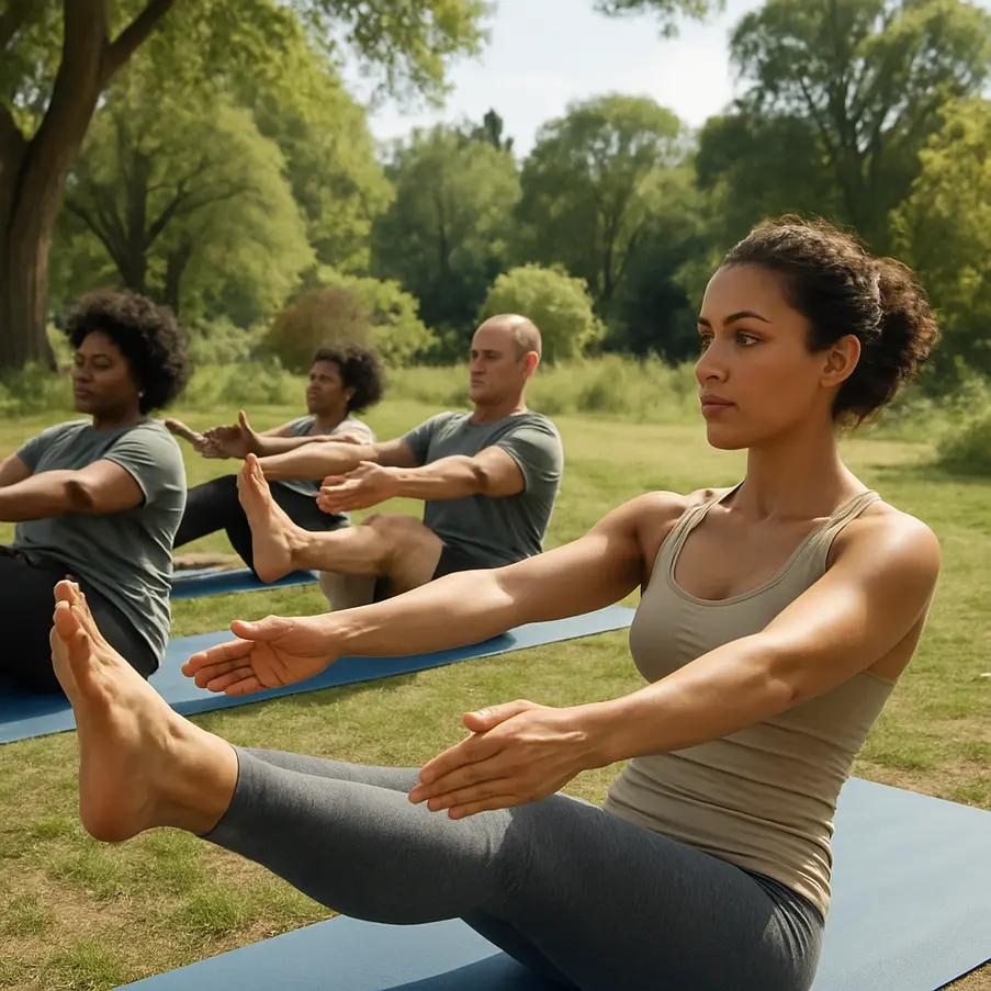 Diverse group practicing Pilates outdoors, focusing on core exercises in a natural setting.