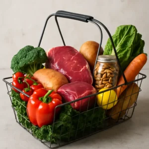 A shopping basket filled with fresh fruits, vegetables, meats, and nuts ideal for a Paleo diet.