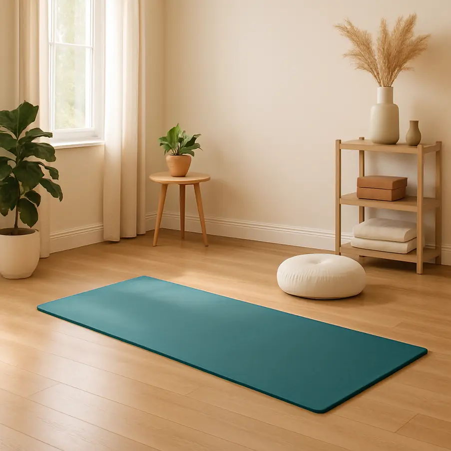 Inviting Pilates mat in a serene home setting, filled with light and minimalist decor. Pilates Mat Workouts