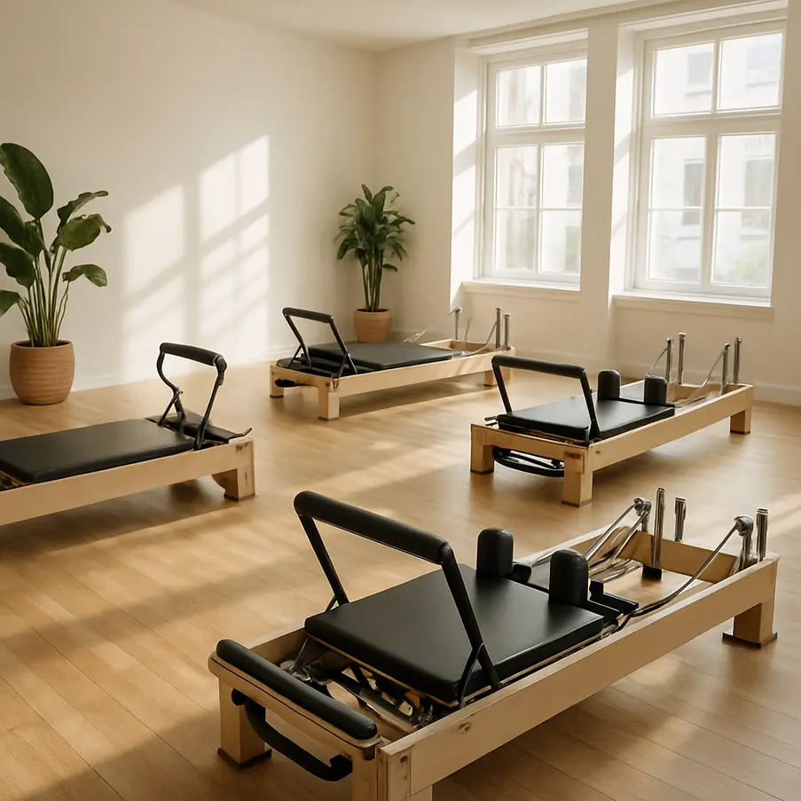 Pilates studio with reformers illuminated by natural light. Pilates Mat Workouts