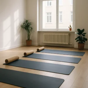 A clean, sunlit Pilates studio prepared for teaching beginners fundamental techniques. Pilates Techniques for Beginners