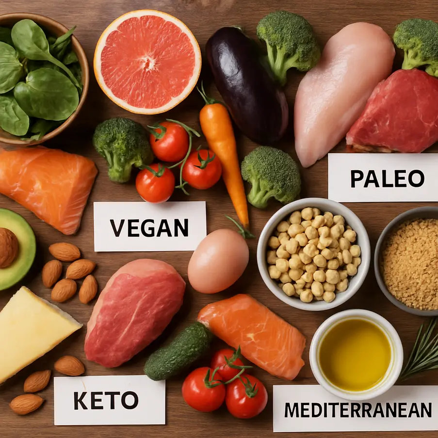A variety of foods labeled with different popular diet plans, illustrating a comparison.