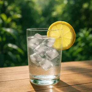 A refreshing glass of water with ice and lemon, symbolizing purity and hydration.