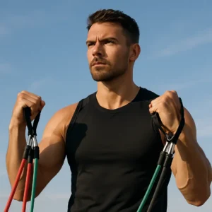 An individual holding resistance bands with a clear sky in the background.