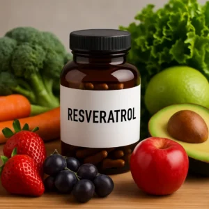 A bottle of Resveratrol Supplement with fresh produce illustrating health benefits. Weight Loss With Resveratrol Supplement