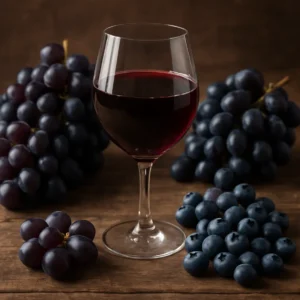 A glass of red wine with resveratrol-rich fruits on a wood table. Resveratrol for Weight Loss