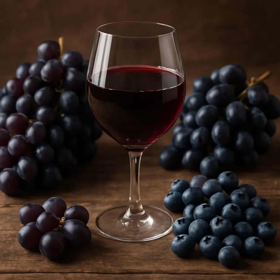 A glass of red wine with resveratrol-rich fruits on a wood table.