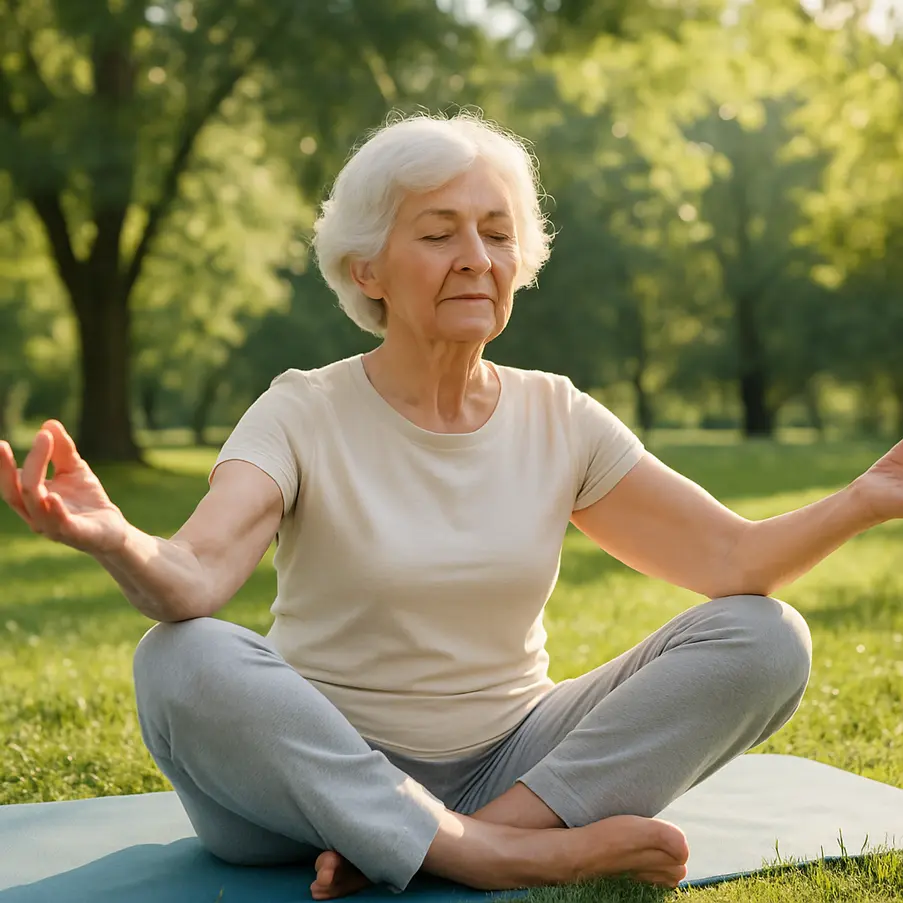 Senior woman practicing yoga outside in a park with green surroundings. Functional Mobility Exercises for Seniors