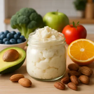 A jar of shea butter surrounded by ingredients like fruits, emphasizing its place in a healthy diet. Shea Butter for Weight Loss