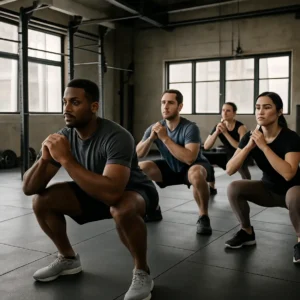 Diverse athletes practicing synchronized squats in a modern gym, highlighting enhanced forms.