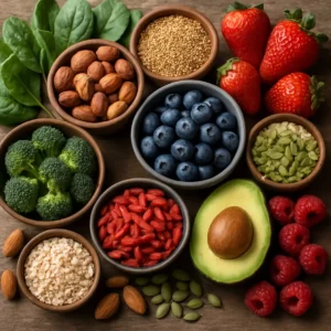 A colorful collage of superfoods highlighting their role in energy boosting.