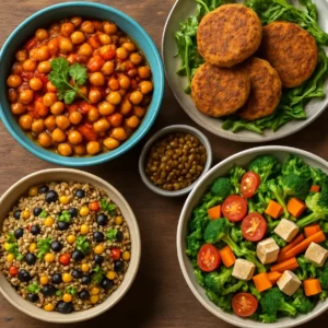 A variety of vibrant vegan dishes, showcasing diverse protein sources and meal ideas.